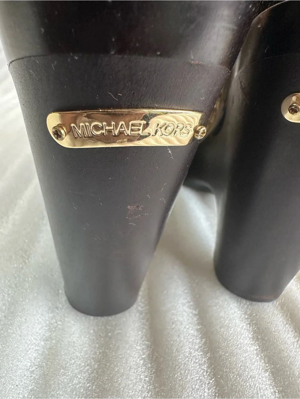 Michael Kors Tan Patent Wedge Sandals with Gold Stud Accents